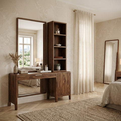 PRITI Sheesham Wood Dressing Table with Mirror and Storage (Walnut Finish)