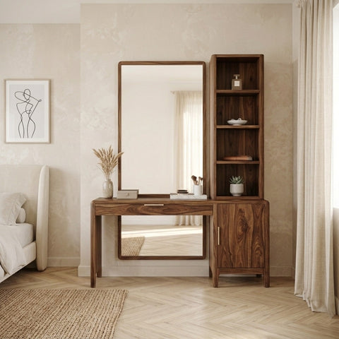 PRITI Sheesham Wood Dressing Table with Mirror and Storage (Walnut Finish)