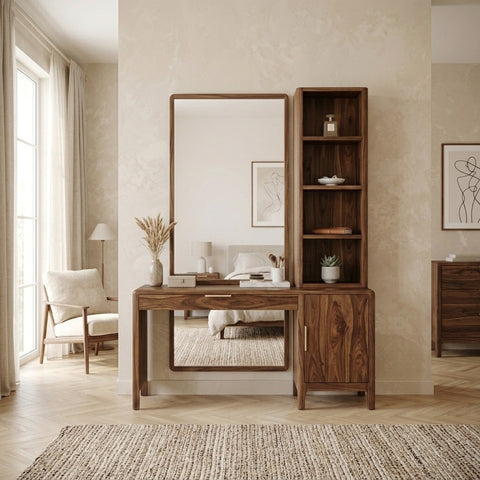 PRITI Sheesham Wood Dressing Table with Mirror and Storage (Walnut Finish)