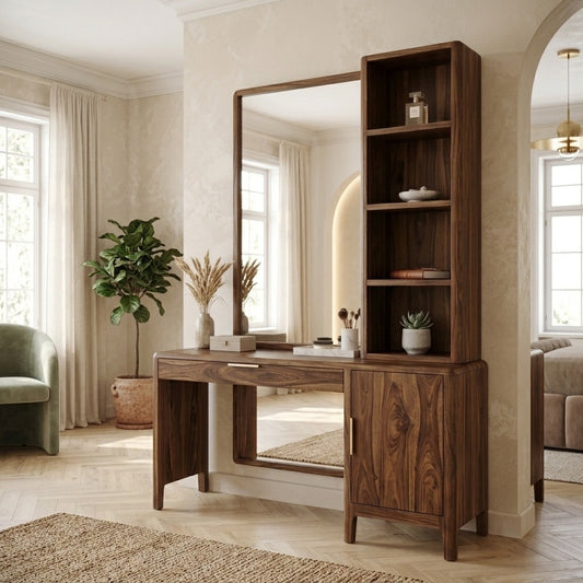 PRITI Sheesham Wood Dressing Table with Mirror and Storage (Walnut Finish)