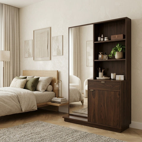 PRITI Sheesham Wood Dressing Table with Mirror and Storage (Dark Walnut Finish)