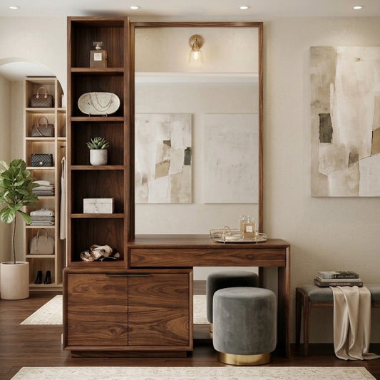 PRITI Sheesham Wood Dressing Table with Mirror and Storage (Dark Walnut Finish)