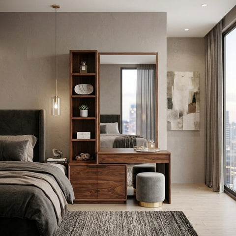 PRITI Sheesham Wood Dressing Table with Mirror and Storage (Dark Walnut Finish)