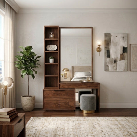 PRITI Sheesham Wood Dressing Table with Mirror and Storage (Dark Walnut Finish)