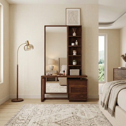 PRITI Sheesham Wood Dressing Table with Mirror and Storage (Dark Walnut Finish)