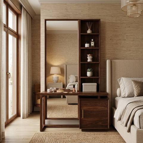 PRITI Sheesham Wood Dressing Table with Mirror and Storage (Dark Walnut Finish)