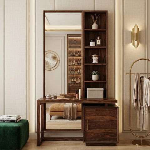PRITI Sheesham Wood Dressing Table with Mirror and Storage (Dark Walnut Finish)