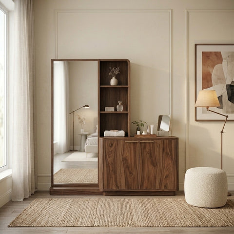 PRITI Sheesham Wood Dressing Table with Mirror and Storage (Dark Walnut Finish)