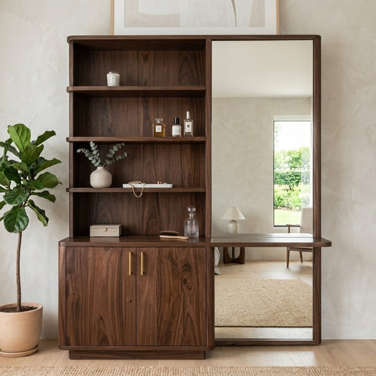 PRITI Sheesham Wood Dressing Table with Mirror and Storage (Dark Walnut Finish)