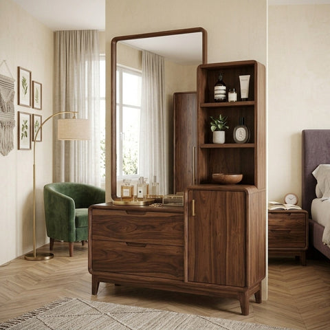 PRITI Sheesham Wood Dressing Table with Mirror and Storage (Dark Walnut Finish)