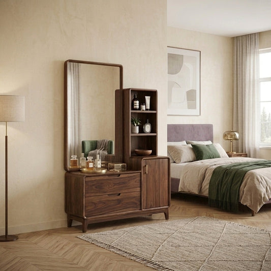 PRITI Sheesham Wood Dressing Table with Mirror and Storage (Dark Walnut Finish)