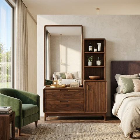 PRITI Sheesham Wood Dressing Table with Mirror and Storage (Dark Walnut Finish)
