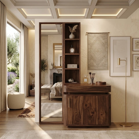PRITI Sheesham Wood Dressing Table with Mirror and Storage (Dark Walnut Finish)