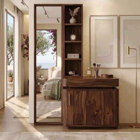 PRITI Sheesham Wood Dressing Table with Mirror and Storage (Dark Walnut Finish)