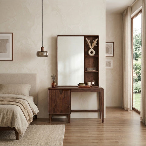 PRITI Sheesham Wood Dressing Table with Mirror and Storage (Dark Walnut Finish)