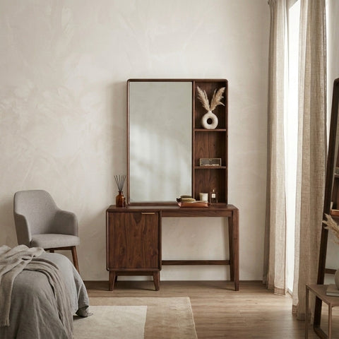 PRITI Sheesham Wood Dressing Table with Mirror and Storage (Dark Walnut Finish)