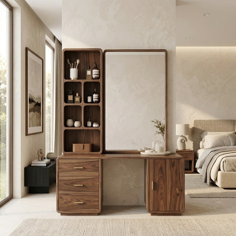 PRITI Sheesham Wood Dressing Table with Mirror and Storage (Dark Walnut Finish)