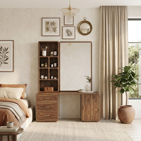 PRITI Sheesham Wood Dressing Table with Mirror and Storage (Dark Walnut Finish)