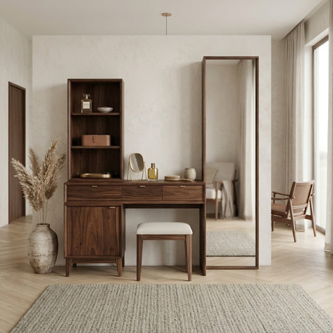 PRITI Sheesham Wood Dressing Table with Mirror and Storage (Dark Walnut Finish)