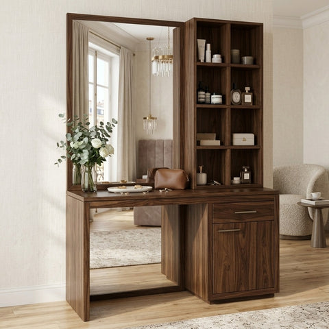 PRITI Sheesham Wood Dressing Table with Mirror and Storage (Dark Walnut Finish)