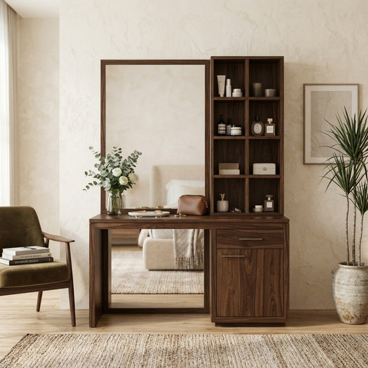 PRITI Sheesham Wood Dressing Table with Mirror and Storage (Dark Walnut Finish)