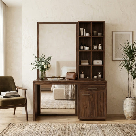 PRITI Sheesham Wood Dressing Table with Mirror and Storage (Dark Walnut Finish)
