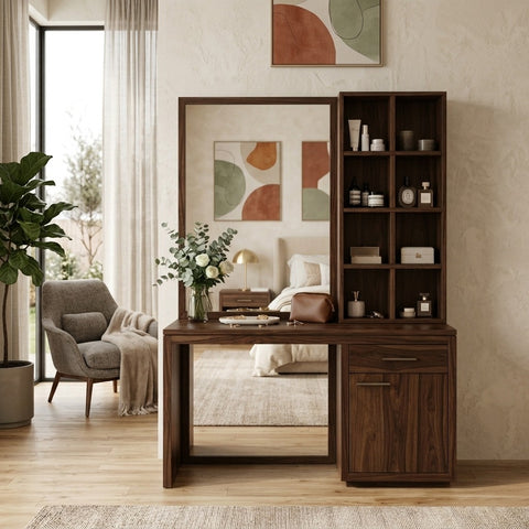 PRITI Sheesham Wood Dressing Table with Mirror and Storage (Dark Walnut Finish)