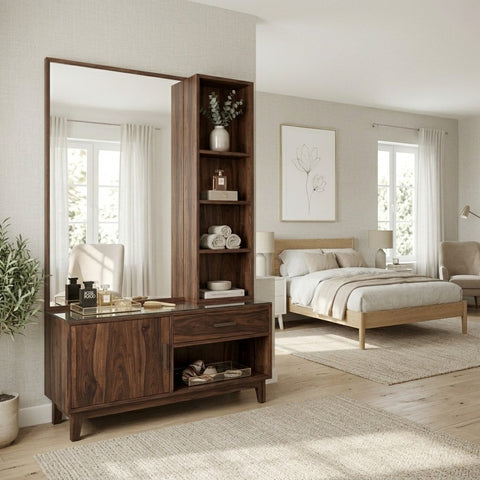 PRITI Sheesham Wood Dressing Table with Mirror and Storage (Walnut Finish)
