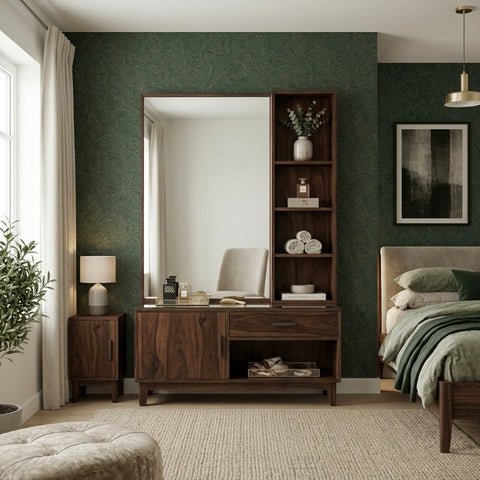 PRITI Sheesham Wood Dressing Table with Mirror and Storage (Walnut Finish)