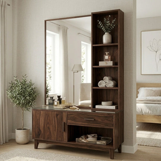 PRITI Sheesham Wood Dressing Table with Mirror and Storage (Walnut Finish)
