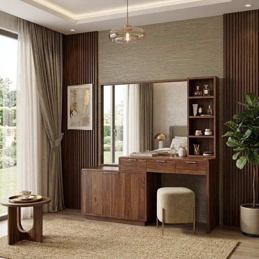PRITI Sheesham Wood Dressing Table with Mirror and Storage (Dark Walnut Finish)