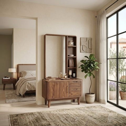 PRIITI Sheesham Wood Dressing Table with Mirror and Storage (Walnut Finish)