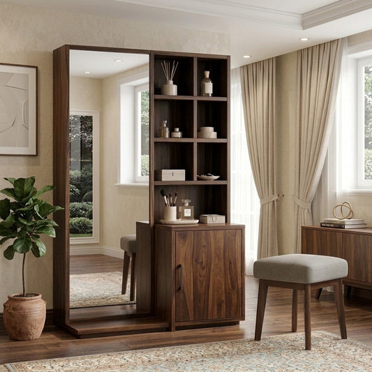PRITI Sheesham Wood Dressing Table with Mirror and Storage (Dark Walnut Finish)