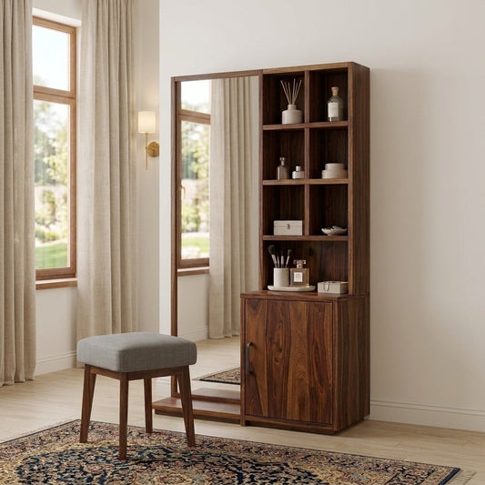 PRITI Sheesham Wood Dressing Table with Mirror and Storage (Dark Walnut Finish)
