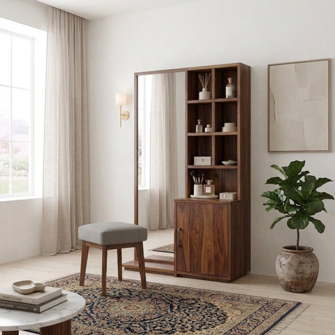PRITI Sheesham Wood Dressing Table with Mirror and Storage (Dark Walnut Finish)
