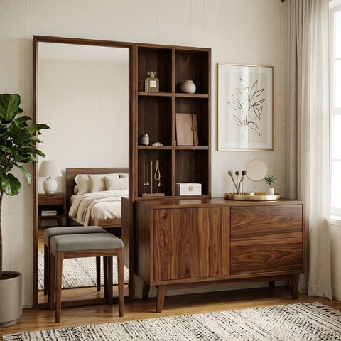 PRITI Sheesham Wood Dressing Table with Mirror and Storage (Dark Walnut Finish)