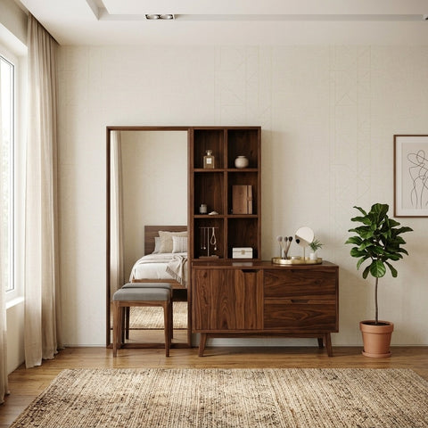 PRITI Sheesham Wood Dressing Table with Mirror and Storage (Dark Walnut Finish)