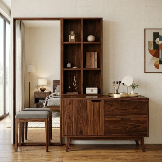 PRITI Sheesham Wood Dressing Table with Mirror and Storage (Dark Walnut Finish)