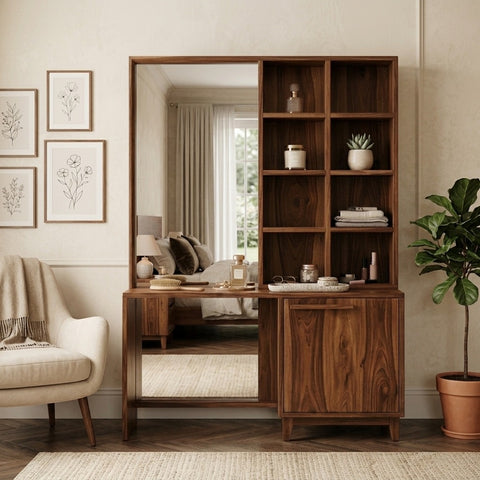 PRITI Sheesham Wood Dressing Table with Mirror and Storage (Dark Walnut Finish)