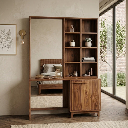 PRITI Sheesham Wood Dressing Table with Mirror and Storage (Dark Walnut Finish)