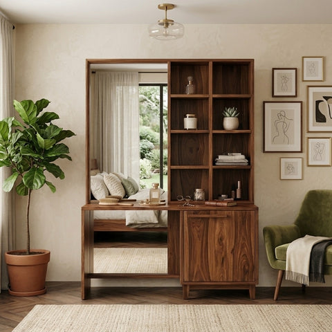 PRITI Sheesham Wood Dressing Table with Mirror and Storage (Dark Walnut Finish)