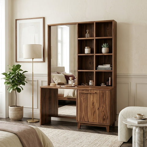 PRITI Sheesham Wood Dressing Table with Mirror and Storage (Dark Walnut Finish)