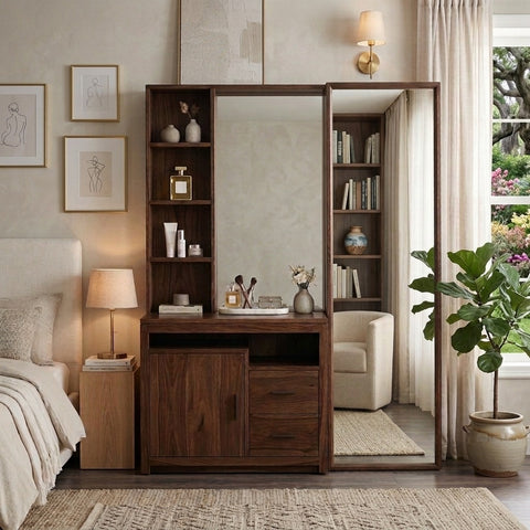 PRITI Sheesham Wood Dressing Table with Mirror and Storage ( walnut Finish)
