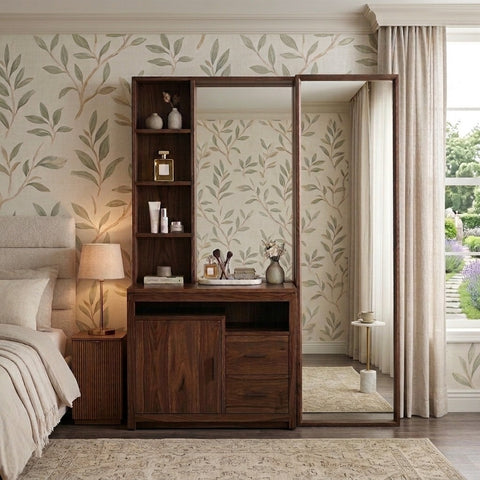 PRITI Sheesham Wood Dressing Table with Mirror and Storage ( walnut Finish)