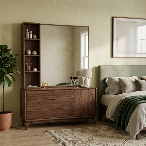 PRITI Sheesham Wood Dressing Table with Mirror and Storage (Dark Walnut Finish)