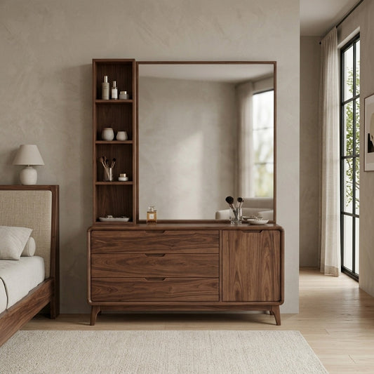 PRITI Sheesham Wood Dressing Table with Mirror and Storage (Dark Walnut Finish)