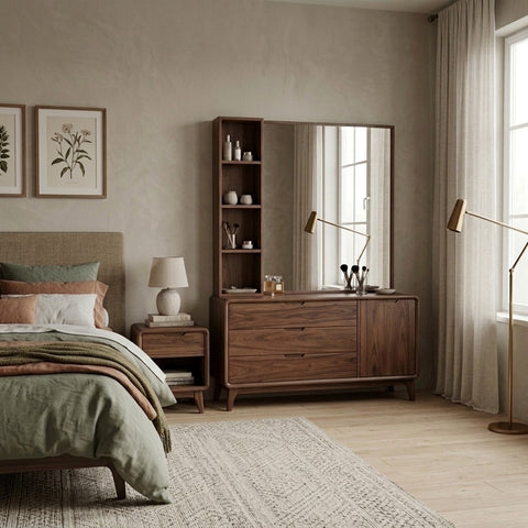 PRITI Sheesham Wood Dressing Table with Mirror and Storage (Dark Walnut Finish)
