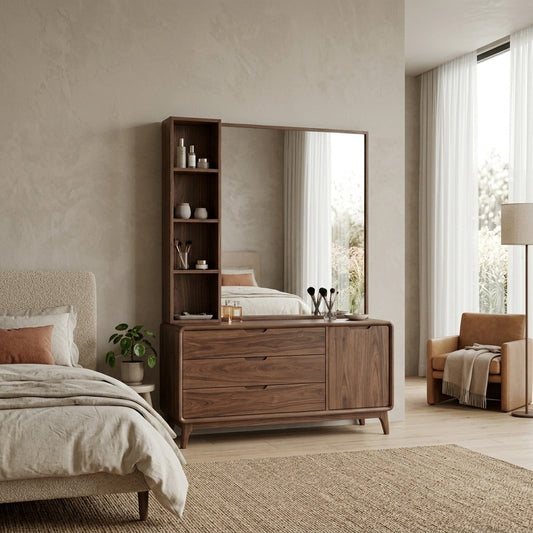 PRITI Sheesham Wood Dressing Table with Mirror and Storage (Dark Walnut Finish)