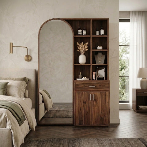 PRITI Sheesham Wood Dressing Table with Mirror and Storage (Dark Walnut Finish)