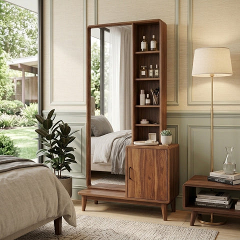 PRITI Sheesham Wood Dressing Table with Mirror and Storage (Dark Walnut Finish)